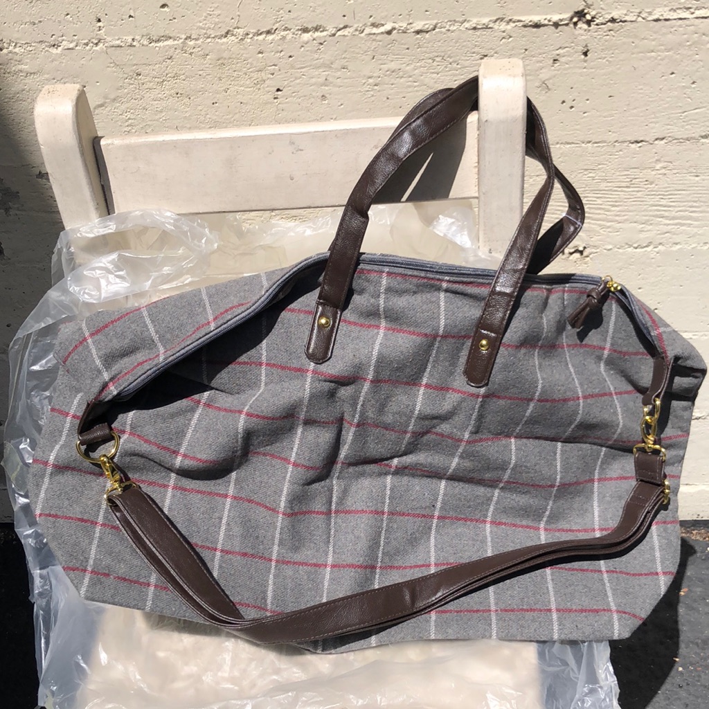 Gray Plaid Weekender Bag With Brown Leather Trim
